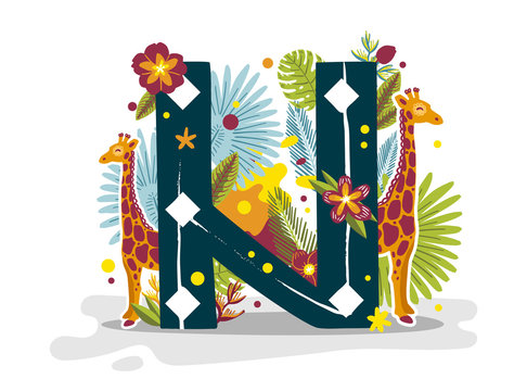 Tropical exotic letter N, animals giraffe, flowers. Cute cartoon flat style font, concept illustration isolated on white background. Vector