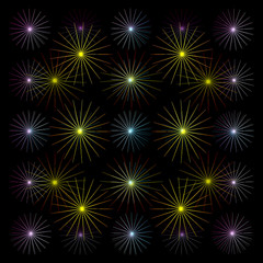 Abstract pattern with colorful stars on black background.