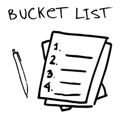 Childish hand drawing of a bucket list and pen.