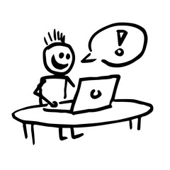 Happy stick man successfuly working on his computer.