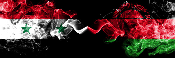 Syria vs Malawi, Malawian smoke flags placed side by side. Thick colored silky smoke flags of Syrian and Malawi, Malawian