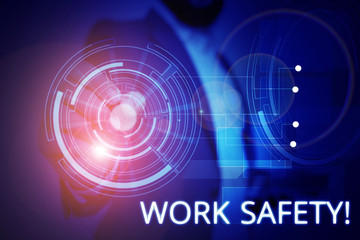 Writing note showing Work Safety. Business concept for policies and procedures in place to ensure health of employees Male wear formal suit presenting presentation smart device