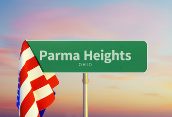 Parma Heights – Ohio. Road or Town Sign. Flag of the united states. Sunset oder Sunrise Sky. 3d rendering