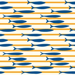 Behang Oceaandieren Sardines Vis Stripe Naadloze Vector Patroon. Zwemmend zeedier voor Lissabon St. Anthony Portugees voedselfestival. Grafisch voor traditionele receptbranding, ingeblikte zeevruchtenverpakkingen. Vectoreps10