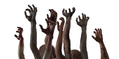  crowd of stretched zombie hands halloween theme, render 3D on white background © de Art