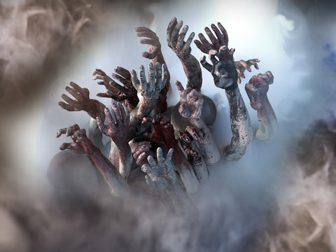  crowd of stretched zombie hands halloween theme, render 3D