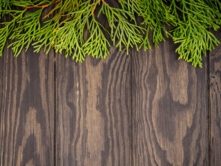 Christmas background with fir tree and decoration on dark wooden board