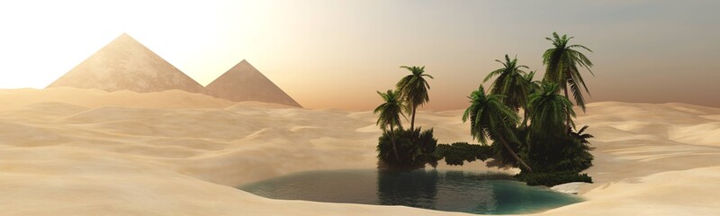 Fototapeta na wymiar A beautiful oasis in the sandy desert at sunset. 3d rendering.