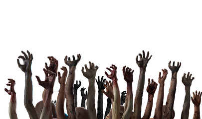  crowd of stretched zombie hands halloween theme, render 3D on white background - obrazy, fototapety, plakaty