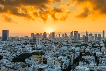 Sunrising of aerial view of Tel Aviv City with modern skylines in the morning in Israel.