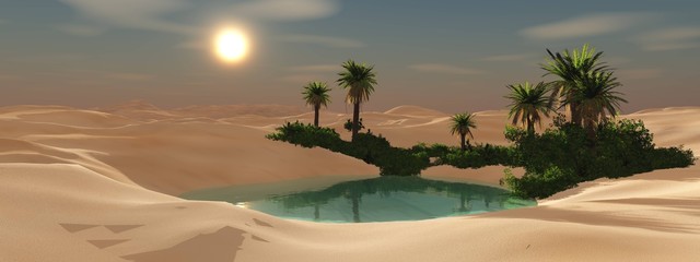 A beautiful oasis in the sandy desert at sunset. 3d rendering. - obrazy, fototapety, plakaty