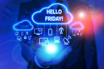 Conceptual hand writing showing Hello Friday. Concept meaning you say this for wishing and hoping another good lovely week Male wear formal suit presenting presentation smart device