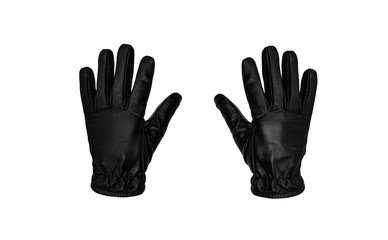 Black leather glove isolate on a white background. Black glove - keep/get gesture. - obrazy, fototapety, plakaty