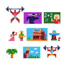 Pixel art set, ninja, palm, athlete holds barbell, saloon, vietnamese woman, mexican couple, isolated vector illustration, design for logo, sticker, mobile app. Game assets 8-bit sprite.