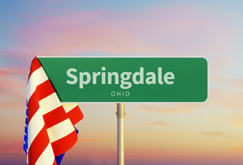 Springdale – Ohio. Road or Town Sign. Flag of the united states. Sunset oder Sunrise Sky. 3d rendering
