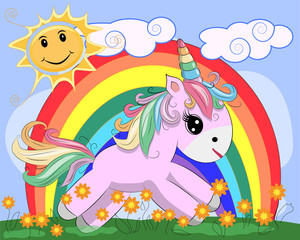 Pink unicorn on a meadow with flowers, rainbow, sun. Child illustration, fairy-tale character, dreamer