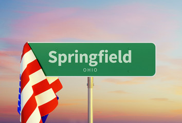 Springfield – Ohio. Road or Town Sign. Flag of the united states. Sunset oder Sunrise Sky. 3d rendering
