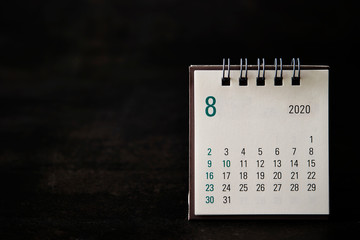 2020 August calendar on black background 