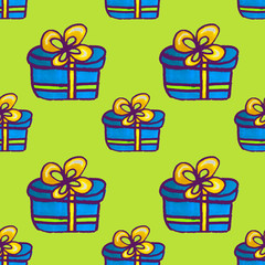 Seamless Christmas pattern of boxes with gifts. Colorful elements are drawn by hand markers.Blue box with an orange ribbon.White background.
