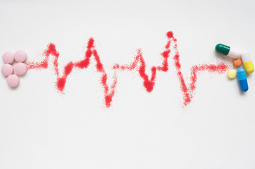 concept of medical care, heart rate, cardiograms, ECG and pills