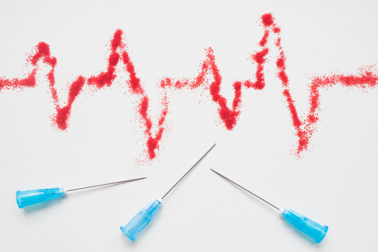concept of medical care, heart rate, cardiograms, ECG and syringes with needles