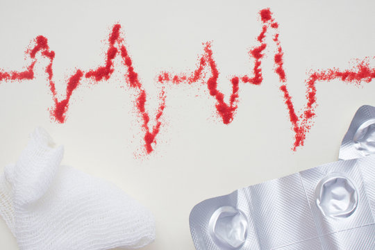 concept of medical care, heart rate, cardiograms, ECG and pills