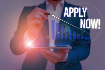 Conceptual hand writing showing Apply Now. Concept meaning request something officially in writing...