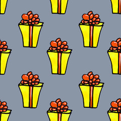 Seamless Christmas pattern of boxes with gifts. Colorful elements are drawn by hand markers. Yellow gift with an orange ribbon and bow on a gentle gray background.
