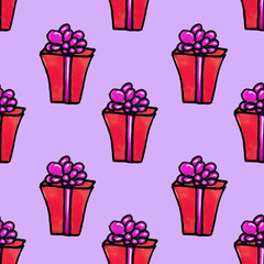 Seamless Christmas pattern of boxes with gifts. Colorful elements are drawn by hand markers. Pink gift with purple ribbon and bow on a delicate background.