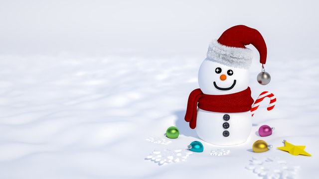 Cute snowman in snowy mountain landscape winter Christmas background 3d rendering. 3D illustration of cute funny snowman wearing red hat and scarf on blank space template background.