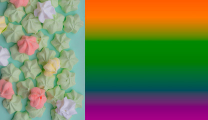 banner of Multicolor pastel little merengue in mint color, toned with soft tone Top view.