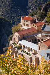 View from the mountain top to Abbey of Saint-Martin-du-Canigou, Eastern Pyrenees, France