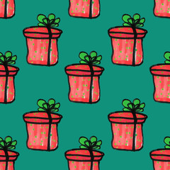 Seamless Christmas pattern of boxes with gifts. Colorful elements are drawn by hand markers. Pink gift with a green ribbon and bow on a green background.