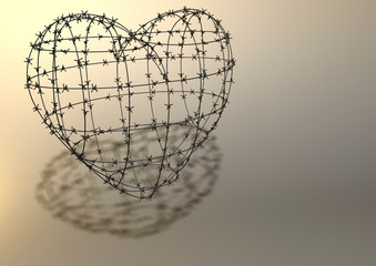 3D rendering. Barbed wire heart. White background with shadow.