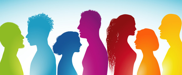 Group of multi-ethnic people. Social network. Concept communication. Teamwork. Silhouette men and women heads in profile. Communicate. Public. Different people. Rainbow colors