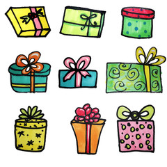Set of nine Christmas boxes with gifts. Colorful gifts are drawn by hand with markers on an isolated white background.