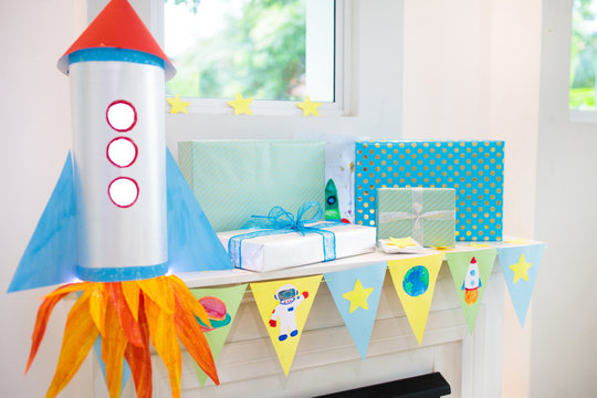 Space Theme Kids Birthday Party. Room Decoration.