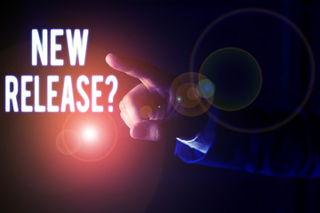 Word writing text New Release Question. Business photo showcasing asking about recent product or service newly unleashed Isolated hand pointing with finger. Business concept pointing finger