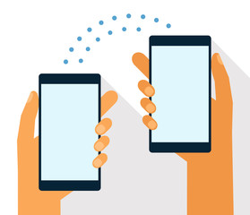 Connection concept. Hands holding phone. Vector icon web app. Info graphics. Wireless technologies people. Trending gadget flat style shadow material infographic. Flat hands holding phone.