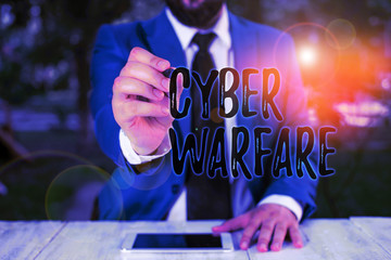 Writing note showing Cyber Warfare. Business concept for Virtual War Hackers System Attacks Digital...