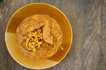 Curried noodle soup with braised pork Thailand call Khao Soi