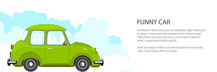 Funny green retro car banner, vector illustration