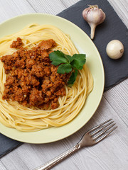 Spaghetti bolognese on a plate with fork.