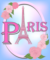 Romantic background with Eiffel Tower and pink roses.