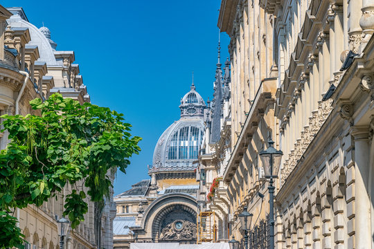 Palace of the Deposits and Consignments building in Bucharest, Romania. CEC Palace on a sunny summer day with a blue sky in Bucharest, Romania