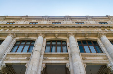 National Museum of Romanian History building in Bucharest, Romania. National Museum of Romanian History on a sunny summer day with a blue sky. Low angle view