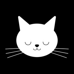 White cartoon cat or kitten face. Flat, vector design isolated on black background.