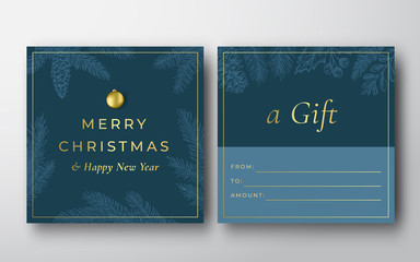 Merry Christmas Abstract Vector Greeting Gift Card Background. Back and Front Design Layout with Classy Typography. Soft Shadows with Realistic Ball and Sketch Pine Branches.