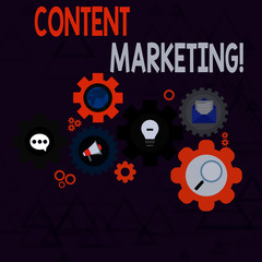 Conceptual hand writing showing Content Marketing. Concept meaning involves creation and sharing of online material Set of Global Online Social Networking Icons Cog Wheel Gear