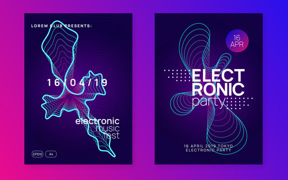 Electro event. Dynamic fluid shape and line. Curvy concert magazine set. Electro event neon flyer. Trance dance music. Electronic sound. Club fest poster. Techno dj party.